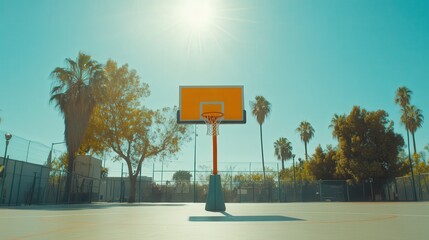 basketball hoop on a bright and sunny day, the orange rim gleaming in the daylight, with the surrounding court offering a perfect space for athletes to practice their shots