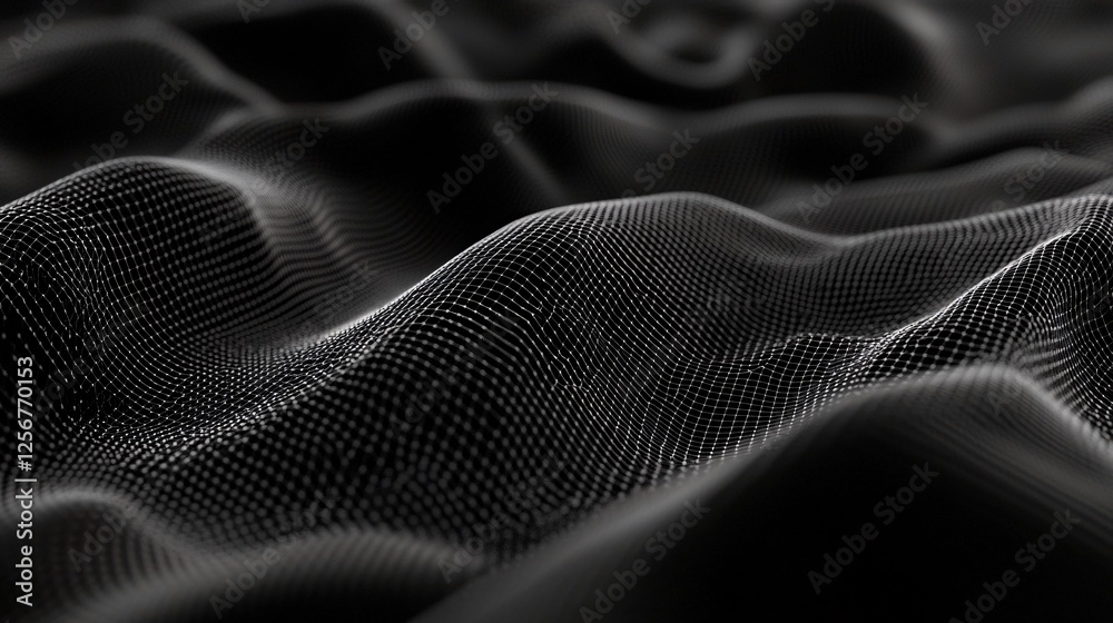 Poster abstract black wavy mesh surface is moving on dark background