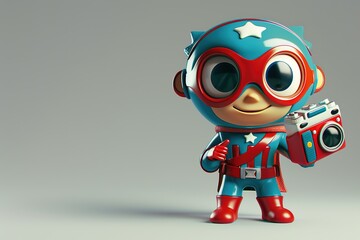 Fototapeta premium Superhero toy holding camera in colorful superhero suit giving thumbs up on grey background