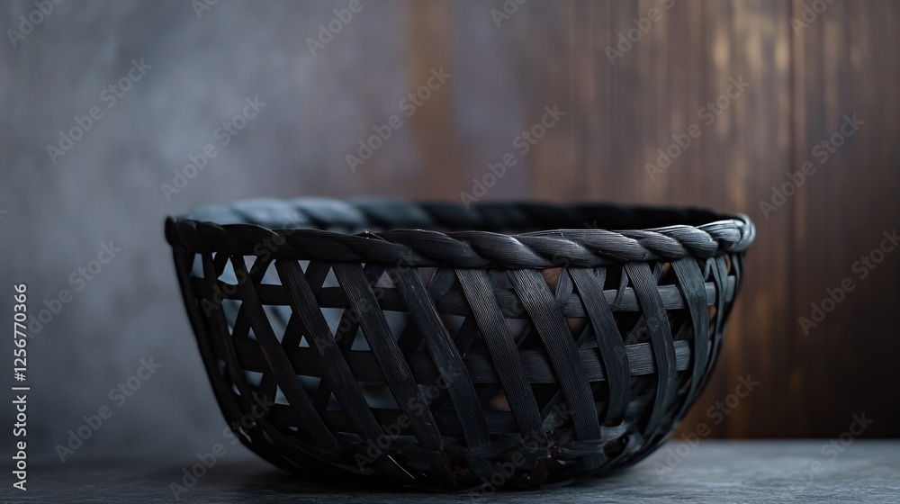 Poster empty black wicker basket standing on gray surface