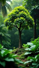 Dense tropical foliage surrounds a lone tree branch, bush fence, green