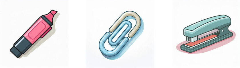 Three stationery tools: a pink marker, a blue paperclip, and a green stapler for office, school, or home organization needs.