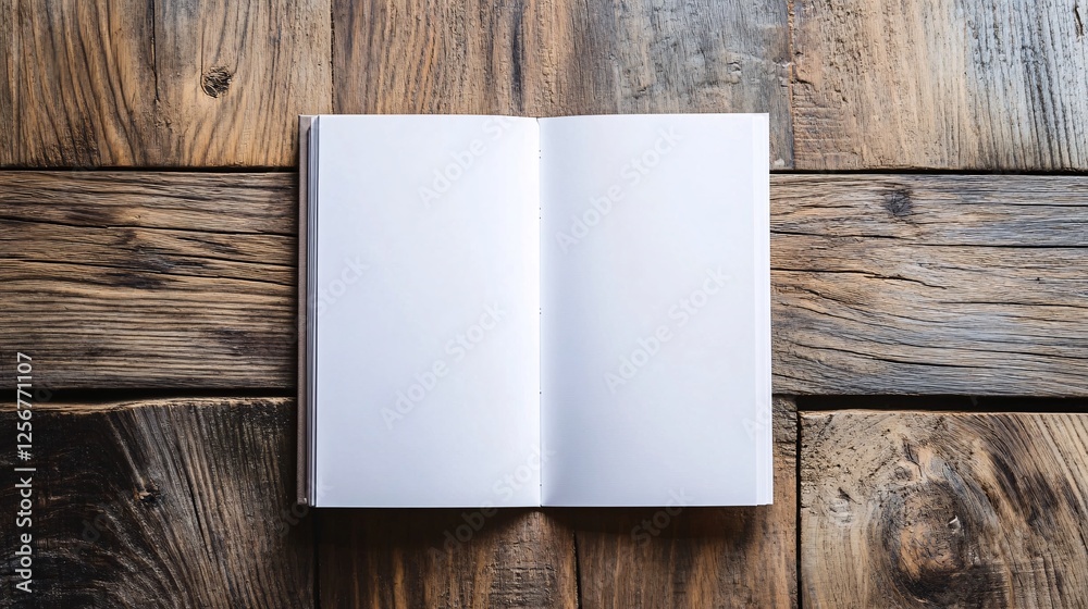 Fototapete open notebook lying on rustic wooden table with copy space