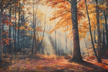 Fototapeta premium Autumnal Forest: Sunlight filtering through golden leaves in a serene woodland scene