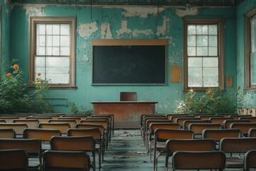 An abandoned classroom with old desks and chairs, overgrown with plants, and a chalkboard. Depicts themes of decay, neglect, and the passage of time.
