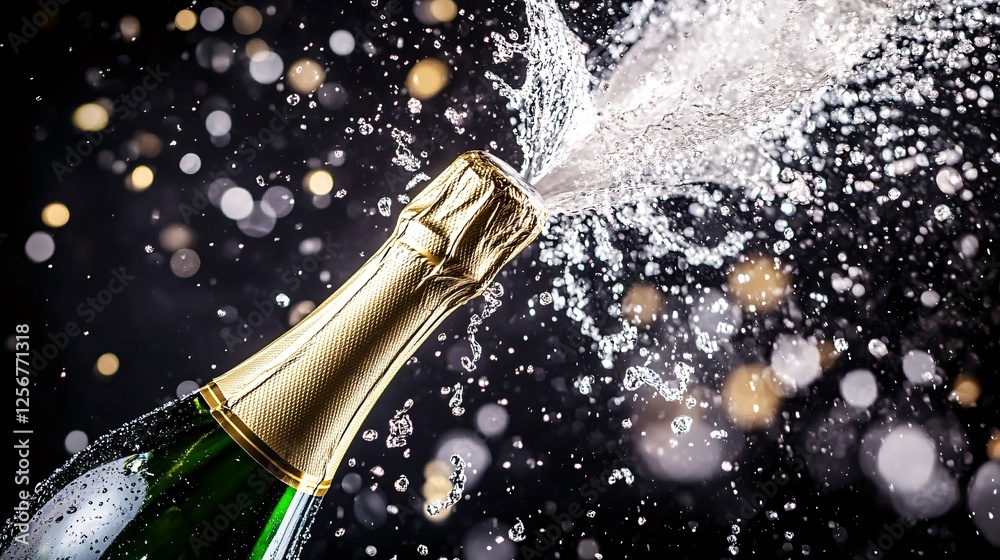 Poster Champagne bottle exploding with sparkling background