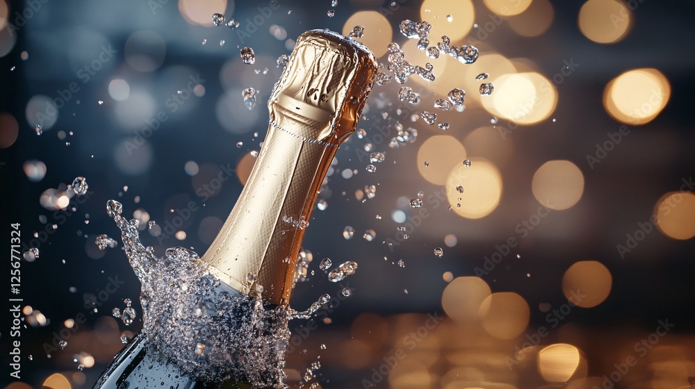 Poster champagne bottle splashing on golden bokeh background