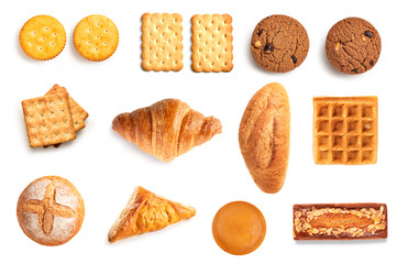 collection of cookies and bakery isolated on white background. Top view
