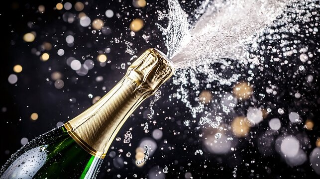 Champagne bottle exploding with sparkling background
