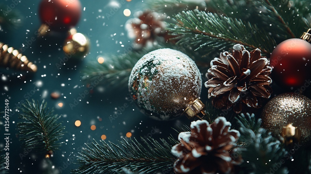 Aufkleber christmas ornaments and pine cones covered with snow creating festive atmosphere