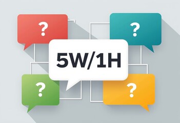 Question Words Typography in Speech Bubbles: 5W1H Infographic Style, Colorful Gradient Balloons, White Text, Clean Minimal Design for Corporate Presentations.

