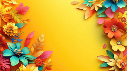 Obraz premium Vibrant Paper Flowers on Yellow Background Bright Summer Floral Design Festive Colorful Papercraft Botanical Illustration