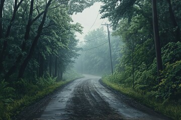 Misty road winding through a forest with lush greenery and utility poles in view