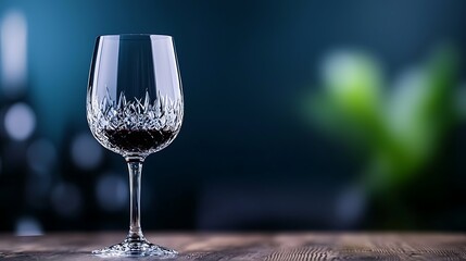 Obraz premium Elegant wine glass filled with red wine on a wooden table, blurred background with greenery