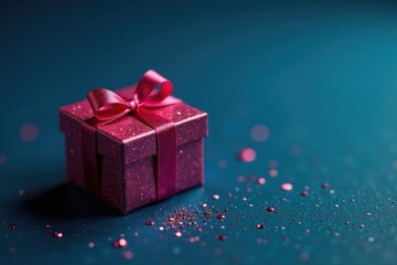 Glittery gift box on dark blue background with glitter details, gift box, tiny