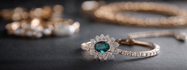 An exquisite arrangement of jewelry features a beautifully crafted emerald ring, surrounded by sparkling diamonds and elegant golden pieces, capturing a refined aesthetic