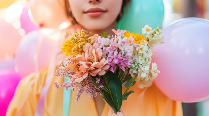 Woman in festive attire with spring corsage, celebrating Women's Day amidst balloons and banners
