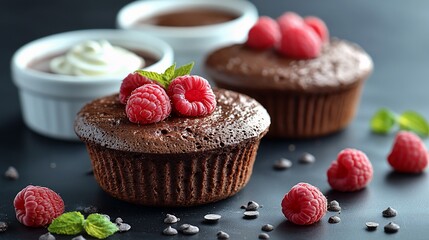 Molten chocolate cakes, raspberries, whipped cream, dark background; dessert recipe