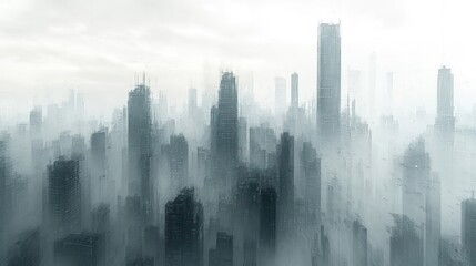 Fototapeta premium A foggy city skyline with towering skyscrapers shrouded in mist, creating a mysterious atmosphere