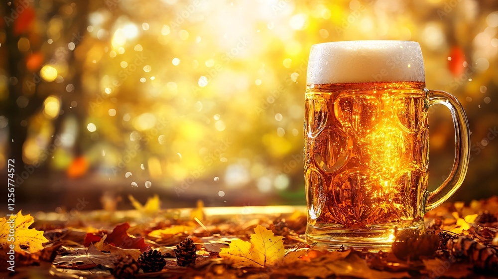 Poster mug of beer standing on table with autumn leaves in forest
