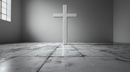 Naklejka premium Minimalist grayscale image of a large white cross in an empty room with a window and worn floor.