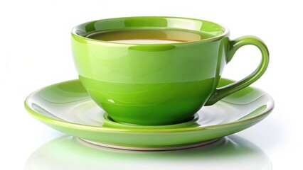 Fototapeta premium Green Teacup and Saucer on White Background