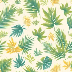 Fototapeta premium Seamless pattern of palm fronds and leaves in green and gold tones