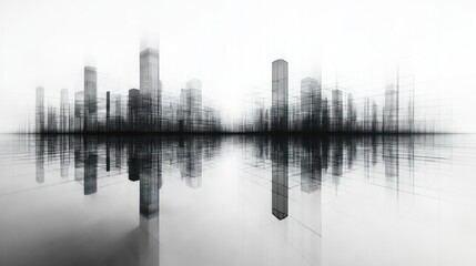 Abstract city skyline reflected on water, showcasing blurred buildings and a serene, foggy atmosphere