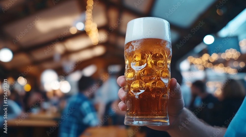 Aufkleber bartender holding a fresh beer in a crowded bar