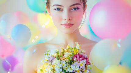 Woman in festive attire with spring corsage, celebrating Women's Day amidst balloons and banners
