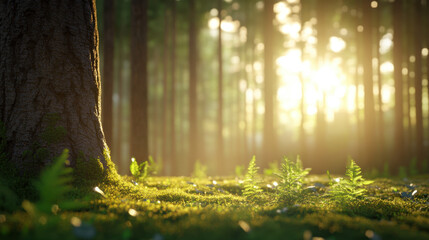 Obraz premium serene forest scene featuring sunlight filtering through trees, illuminating ferns on forest floor. tranquil atmosphere evokes sense of peace and connection with nature