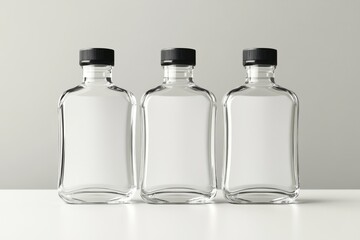 Three clear glass bottles with black caps. Perfect for mockups, branding, or liquor designs.