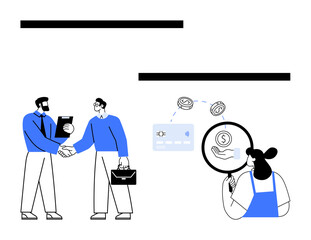 Two businessmen shaking hands, woman examining financial growth with magnifying glass, digital banking icons. Ideal for business deals, partnerships, financial analysis, online transactions, money