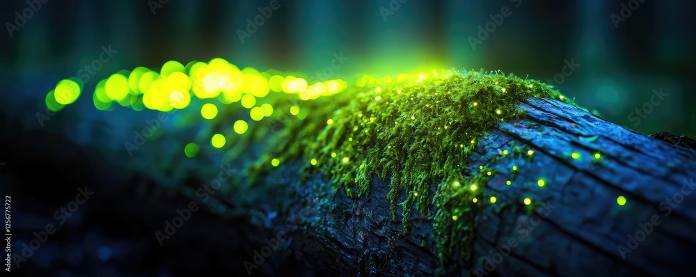 Poster glow forest concept. a vibrant scene showcasing bioluminescent moss on a log in a magical forest set