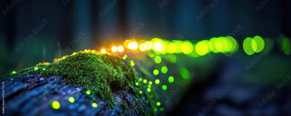 Poster Glow forest concept. A vibrant forest scene showcasing glowing moss and soft bokeh lights on a log.