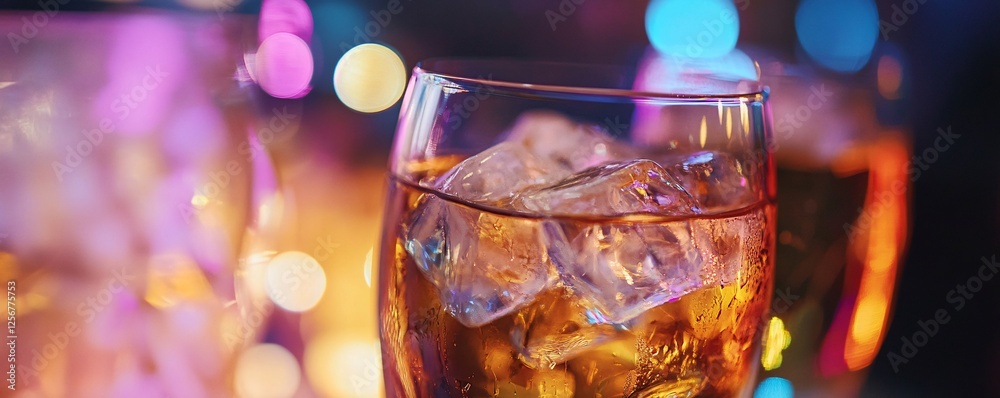 Poster glass of alcoholic beverage with ice and colorful blurred background