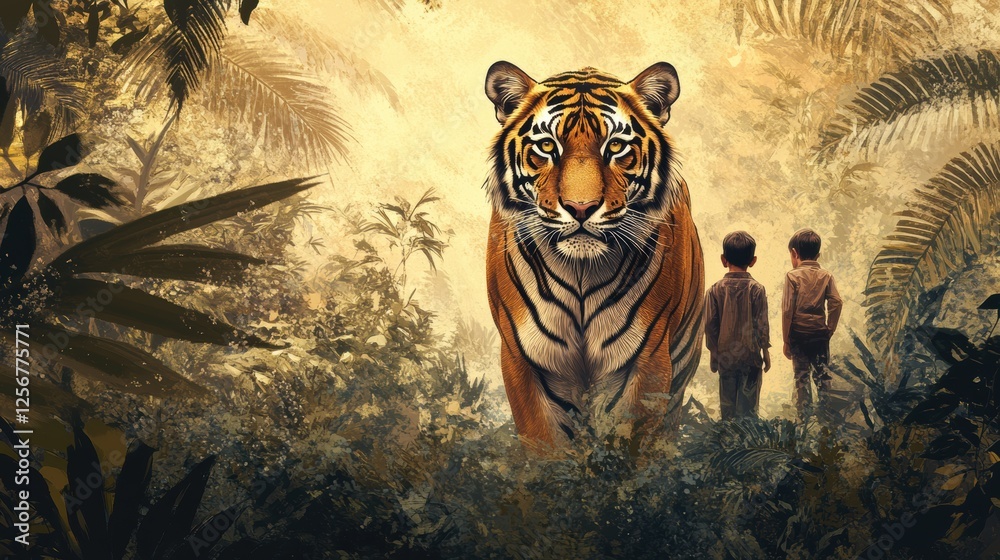 Poster majestic tiger gazes intensely while two children observe in a lush jungle setting. generative ai
