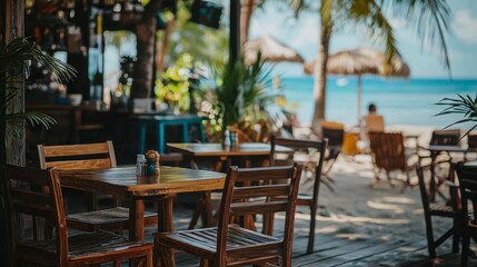 Cozy Beachside Restaurant with Wooden Furniture and Ocean View