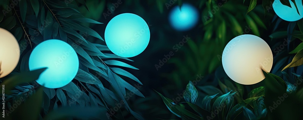 Poster glow forest idea. enchanting glowing orbs amidst lush greenery create a serene and magical ambiance.