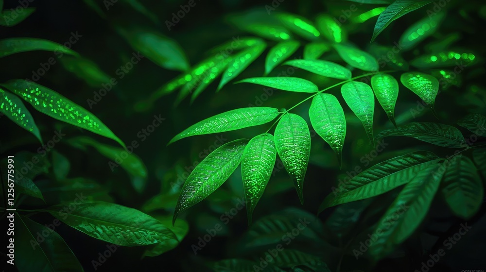 Poster glow forest idea. close-up of vibrant green leaves illuminated by soft natural light.