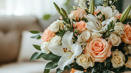 Elegant Floral Arrangement of White and Peach Roses with Lilies
