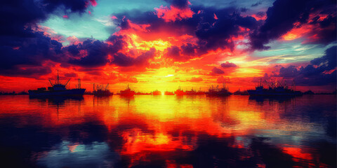 Obraz premium Stunning Vibrant Sunset over Serene Harbor with Silhouetted Ships Reflected in Tranquil Waters Under Dramatic Skies - Captivating Nautical Scenery Vector Art