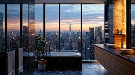 Fototapeta premium Luxurious bathroom with city skyline view at sunset in modern design