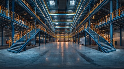 Fototapeta premium Industrial Warehouse Interior with Stairs and Shelving