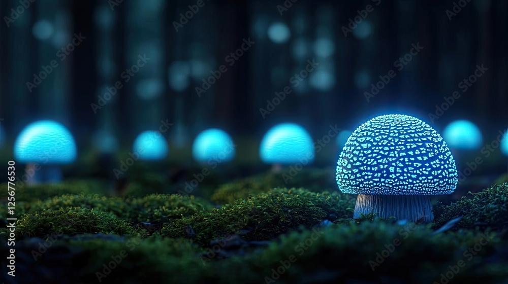 Aufkleber glow forest idea. glowing mushrooms in a dark forest create a mystical atmosphere of nature's beauty