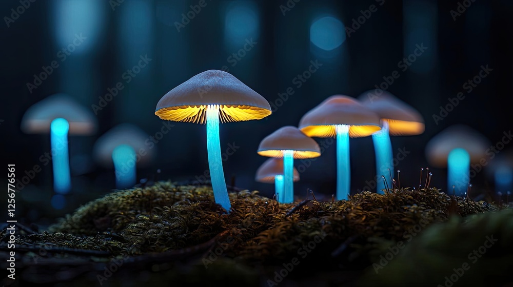 Poster Glow forest idea. Glowing mushrooms under soft light in a mystical forest setting.