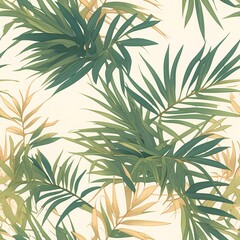 Fototapeta premium Seamless pattern featuring minimalist tropical palm leaves and foliage in green, gold, and sunset orange