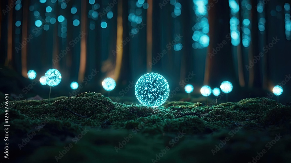 Poster glow forest concept. glowing spheres illuminate a serene forest, creating a mystical atmosphere in n