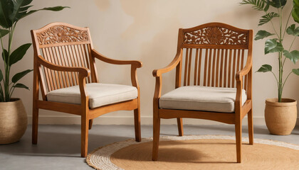 A vintage, handcrafted wooden armchair, adorned with a warm, honey-toned finish, set against a cozy, sun-kissed background, featuring a delicate, ornate design of interlocking wooden slats and a robus