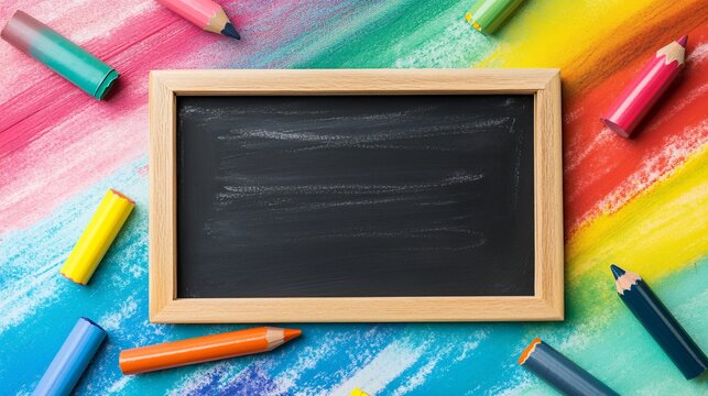 Empty blackboard is lying on colorful background with crayons around it